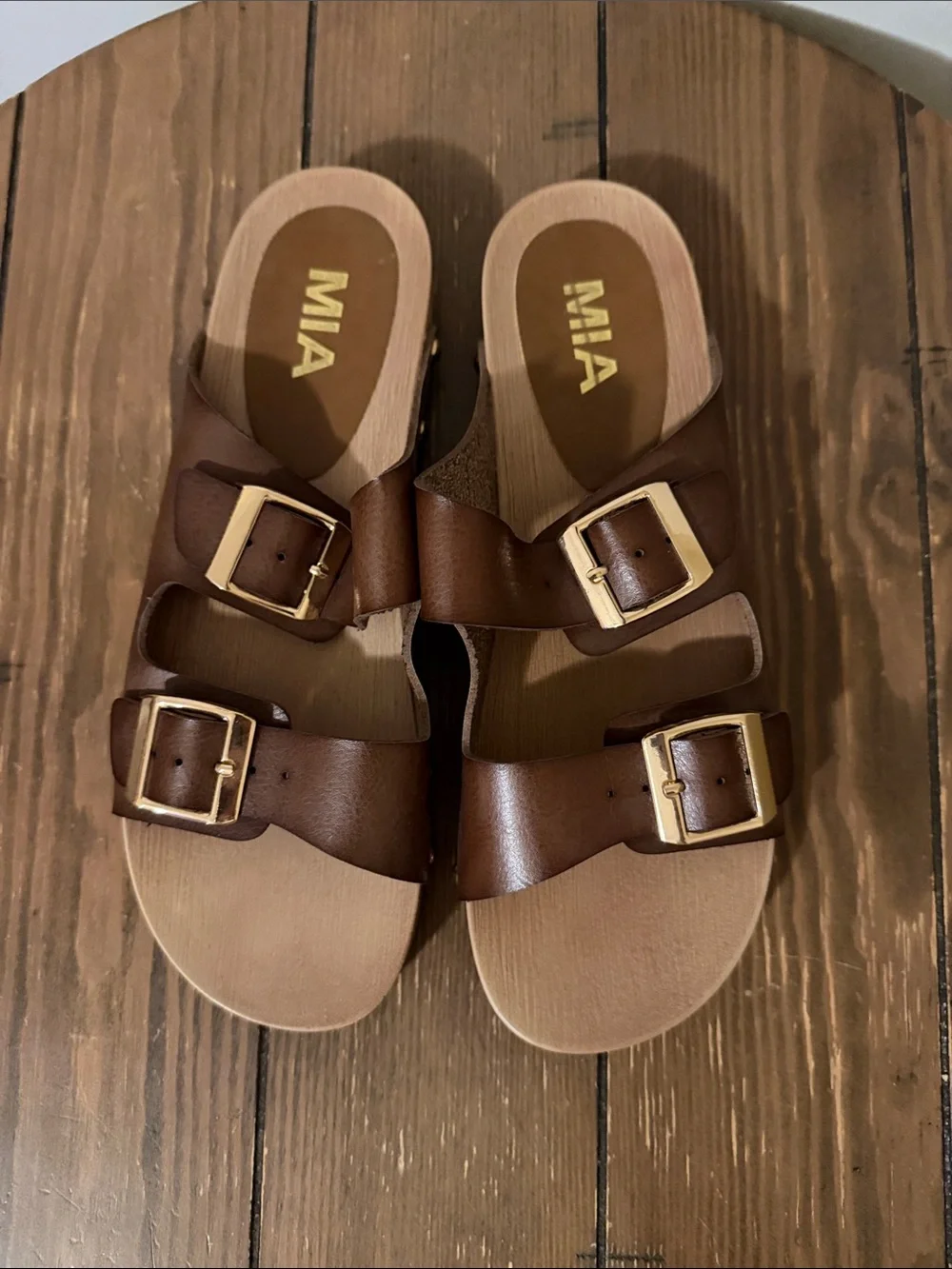 MIA Brown Double-Buckle Slide Sandals with Gold Buckles